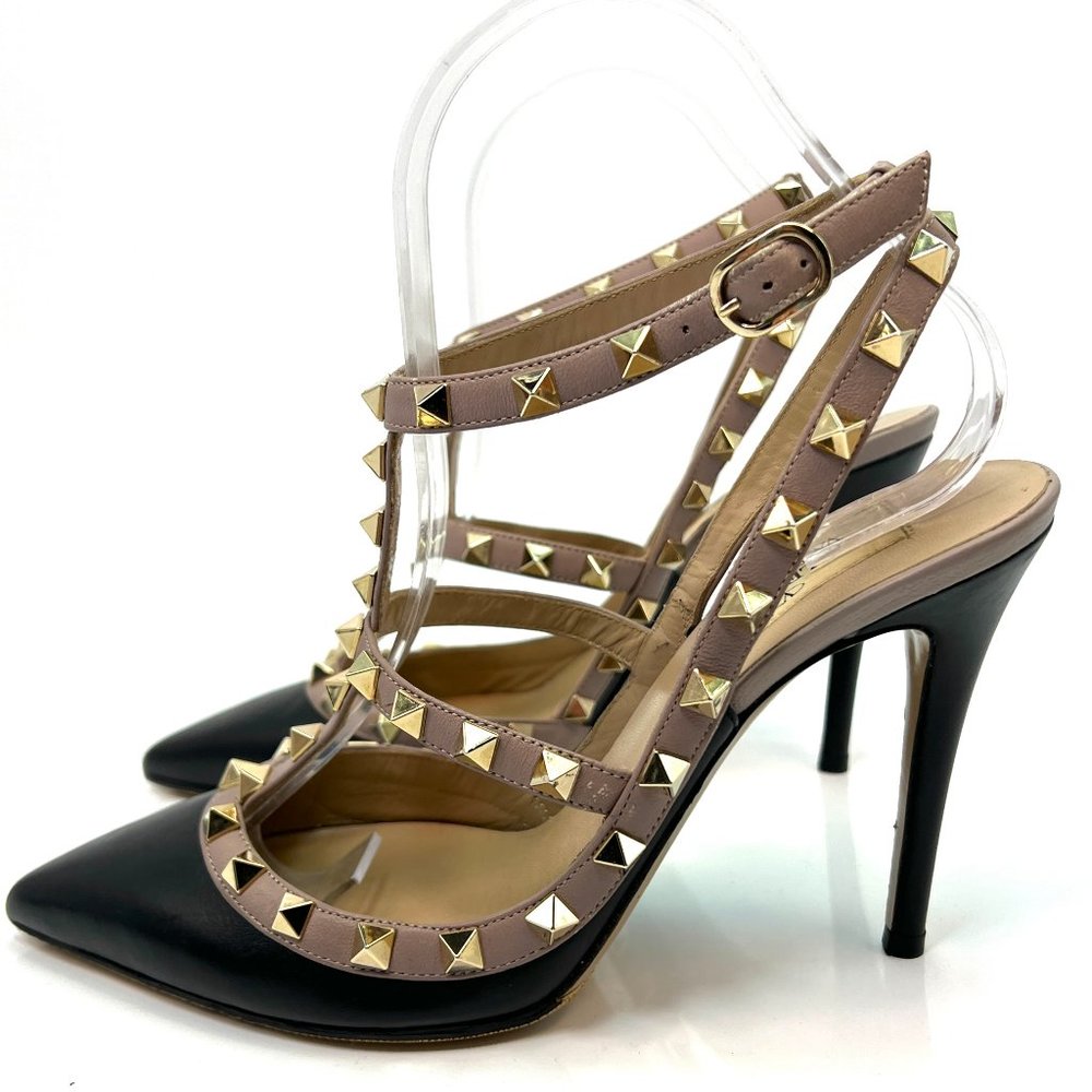Valentino Garavani Rockstud Studded Black Beige Leather Pumps 38